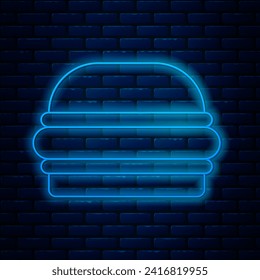 Glowing neon line Burger icon isolated on brick wall background. Hamburger icon. Cheeseburger sandwich sign. Fast food menu.  Vector