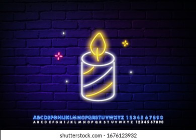 Glowing neon line Burning candle in candlestick icon on dark background. Old fashioned lit candle. Cylindrical candle stick with burning flame. Colorful outline concept. Vector Illustration