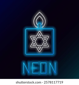 Glowing neon line Burning candle in candlestick with star of david icon isolated on black background. Cylindrical candle stick with burning flame. Colorful outline concept. Vector