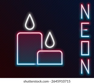 Glowing neon line Burning candle icon isolated on black background. Cylindrical candle stick with burning flame. Colorful outline concept. Vector Illustration