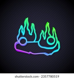 Glowing neon line Burning car icon isolated on black background. Car on fire. Broken auto covered with fire and smoke.  Vector
