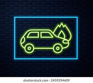 Glowing neon line Burning car icon isolated on brick wall background. Car on fire. Broken auto covered with fire and smoke.  Vector