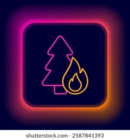 Glowing neon line Burning forest trees in fire flames icon isolated on black background. Natural disaster concept. Colorful outline concept. Vector