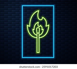 Glowing neon line Burning match with fire icon isolated on brick wall background. Match with fire. Matches sign.  Vector