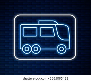 Glowing neon line Bus icon isolated on brick wall background. Transportation concept. Bus tour transport. Tourism or public vehicle symbol.  Vector