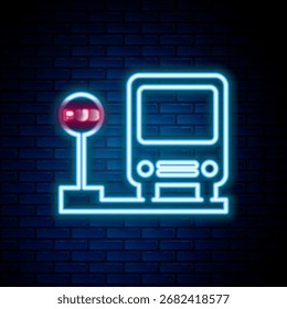 Glowing neon line Bus stop icon isolated on brick wall background. Transportation concept. Bus tour transport sign. Tourism or public vehicle symbol. Colorful outline concept. Vector