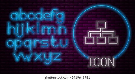 Glowing neon line Business hierarchy organogram chart infographics icon isolated on brick wall background. Corporate organizational structure graphic elements. Neon light alphabet. Vector Illustration