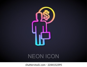 Glowing neon line Business man planning mind icon isolated on black background. Human head with dollar. Idea to earn money. Business investment growth.  Vector