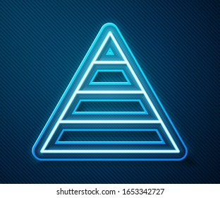 Glowing neon line Business pyramid chart infographics icon isolated on blue background. Pyramidal stages graph elements.  Vector Illustration