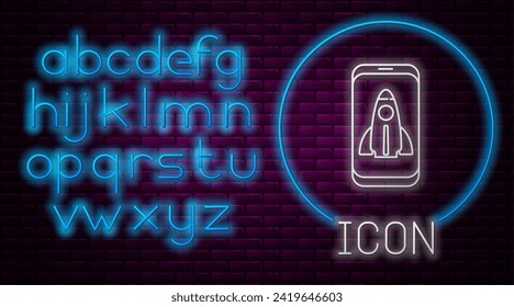 Glowing neon line Business startup project concept icon isolated on brick wall background. Symbol of new business, entrepreneurship, innovation and technology. Neon light alphabet. Vector