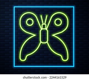 Glowing neon line Butterfly icon isolated on brick wall background.  Vector