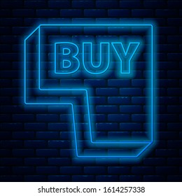 Glowing neon line Buy button icon isolated on brick wall background.  Vector Illustration