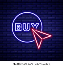 Glowing neon line Buy button icon isolated on brick wall background. Colorful outline concept. Vector