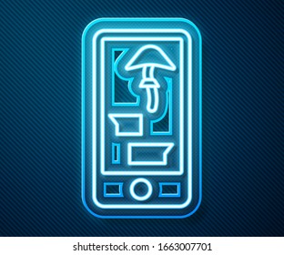 Glowing neon line Buying drugs online on mobile phone icon isolated on blue background. Online buying symbol.  Vector Illustration