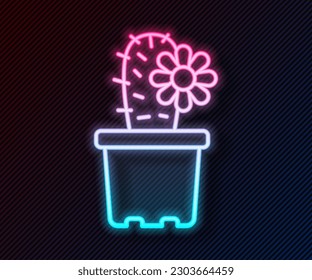 Glowing neon line Cactus peyote in pot icon isolated on black background. Plant growing in a pot. Potted plant sign.  Vector