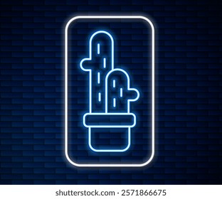 Glowing neon line Cactus peyote in pot icon isolated on brick wall background. Plant growing in a pot. Potted plant sign.  Vector