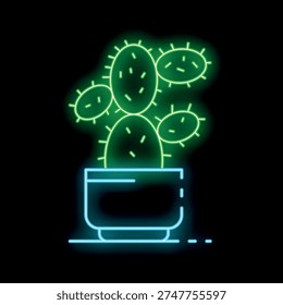 Glowing neon line cactus and pot icon isolated on black background, a succulent plant growing in a ceramic pot