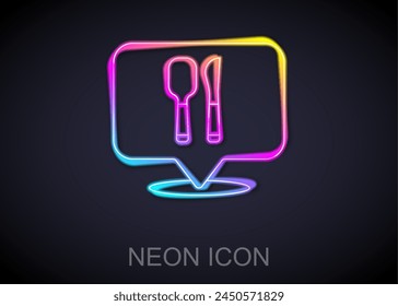 Glowing neon line Cafe and restaurant location icon isolated on black background. Fork and spoon eatery sign inside pinpoint.  Vector.