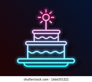 Glowing neon line Cake with burning candles icon isolated on black background. Happy Birthday.  Vector Illustration