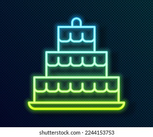 Glowing neon line Cake with burning candles icon isolated on black background. Happy Birthday.  Vector