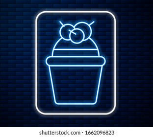 Icono de pastel de neón brillante aislado en fondo de pared de ladrillo.Feliz cumpleaños. Ilustración vectorial