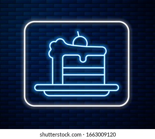 Glühende Neonline-Kuchen-Symbol einzeln auf Backsteinwand-Hintergrund.Alles Gute zum Geburtstag! Vektorillustration-Illustration