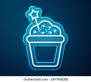 Glowing neon line Cake icon isolated on blue background. Happy Birthday.  Vector Illustration