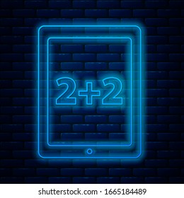 Glowing neon line Calculation icon isolated on brick wall background.  Vector Illustration