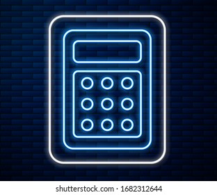 Glowing neon line Calculator icon isolated on brick wall background. Accounting symbol. Business calculations mathematics education and finance.  Vector Illustration