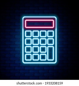 Glowing neon line Calculator icon isolated on brick wall background. Accounting symbol. Business calculations mathematics education and finance. Colorful outline concept. Vector