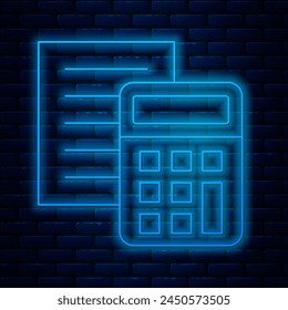 Glowing neon line Calculator icon isolated on brick wall background. Accounting symbol. Business calculations mathematics education and finance.  Vector