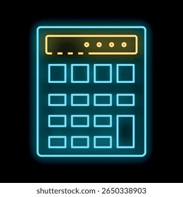 Ícone luminoso da calculadora de linha de néon isolado no fundo preto. Símbolo contábil. Cálculos de negócios matemática conceito de educação