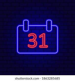 Glowing neon line Calendar with date 31 icon isolated on brick wall background. Vector Illustration