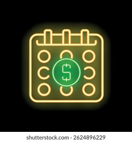 Glowing neon line calendar with a dollar symbol is isolated on a black background, perfect for illustrating concepts such as business planning, paydays, payments, and billing dates