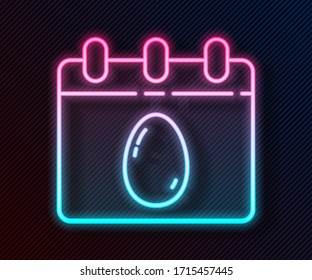 Línea brillante Calendario con icono de huevo de Pascua aislado en fondo negro. Símbolo de Navidad cristiana. Ilustración vectorial
