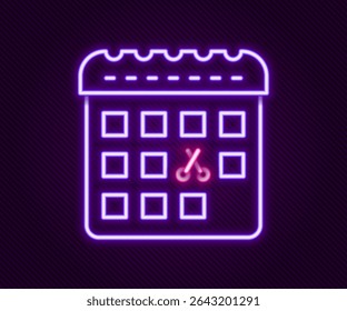Glowing neon line Calendar with haircut day icon isolated on black background. Haircut appointment concept. Colorful outline concept. Vector
