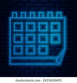 Glowing neon line Calendar icon isolated on brick wall background. Event reminder symbol.  Vector Illustration