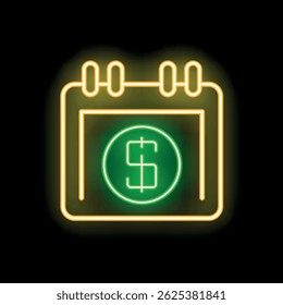 Glowing neon line calendar showing a green dollar sign for payday, payment or finance concept