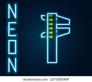 Glowing neon line Calliper or caliper and scale icon isolated on black background. Precision measuring tools. Colorful outline concept. Vector Illustration