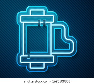 Glowing neon line Camera vintage film roll cartridge icon isolated on blue background. 35mm film canister. Filmstrip photographer equipment.  Vector Illustration