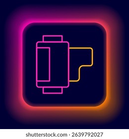 Glowing neon line Camera vintage film roll cartridge icon isolated on black background. 35mm film canister. Filmstrip photographer equipment. Colorful outline concept. Vector