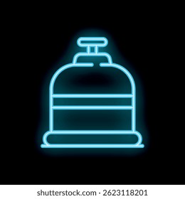 Glowing neon line camping gas cylinder icon isolated on black background. Vector
