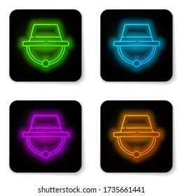 Glowing neon line Camping hat icon isolated on white background. Beach hat panama. Explorer travelers hat for hunting, hiking, tourism. Black square button. Vector Illustration
