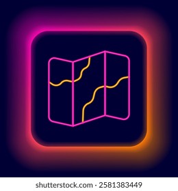 Glowing neon line Camping and hiking on map icon isolated on black background. Colorful outline concept. Vector