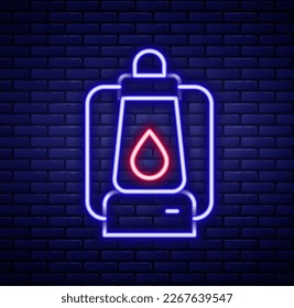 Glowing neon line Camping lantern icon isolated on brick wall background. Colorful outline concept. Vector