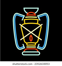 Glowing neon line Camping lantern icon isolated on brick wall background. Colorful outline concept. Vector