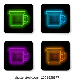 Glowing neon line Camping metal mug icon isolated on white background. Black square button. Vector Illustration