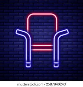 Glowing neon line Camping portable folding chair icon isolated on brick wall background. Rest and relax equipment. Fishing seat. Colorful outline concept. Vector