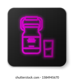Glowing neon line Can container for milk and glass icon isolated on white background. Black square button. Vector Illustration