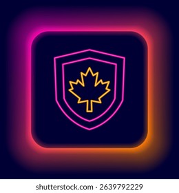 Glowing neon line Canada flag on shield icon isolated on black background. Colorful outline concept. Vector